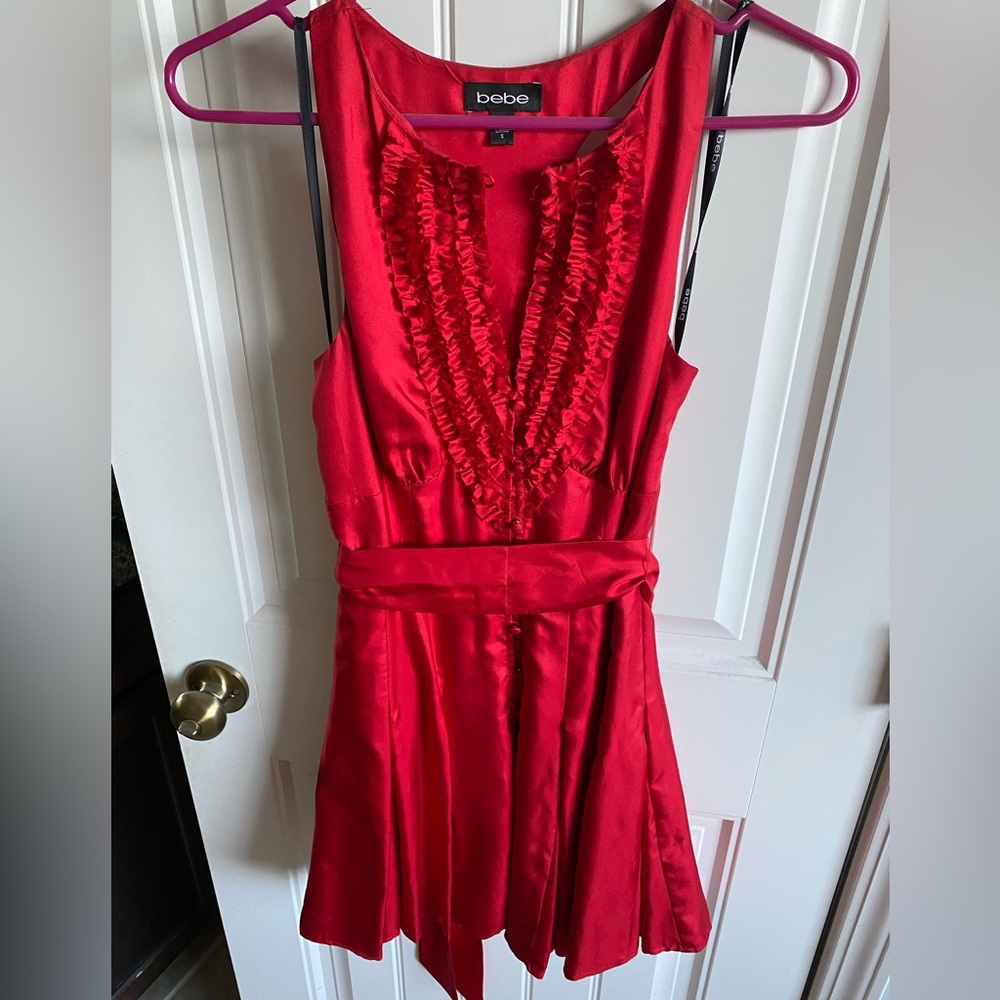BEBE RED SATIN BUTTON UP DRESS SMALL